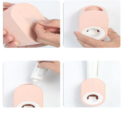 Toothpaste Dispenser Push-Button Wall-Mounted Toothbrush Hooks