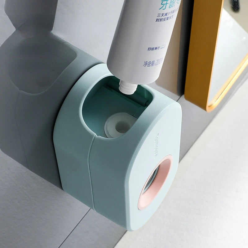 Toothpaste Dispenser Push-Button Wall-Mounted Toothbrush Hooks