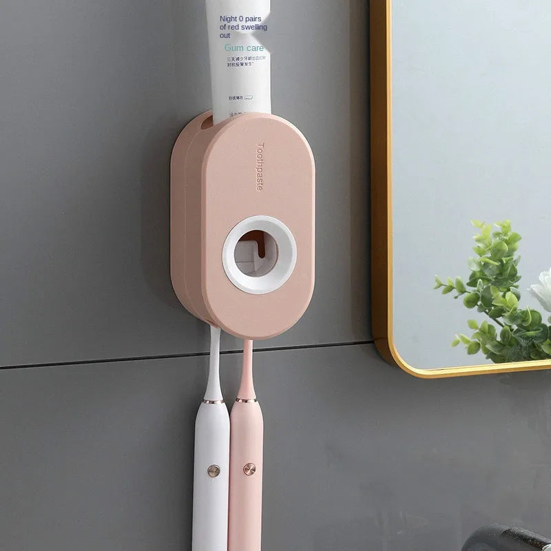 Toothpaste Dispenser Push-Button Wall-Mounted Toothbrush Hooks