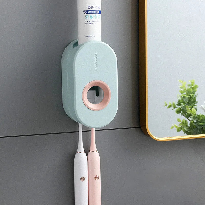 Toothpaste Dispenser Push-Button Wall-Mounted Toothbrush Hooks
