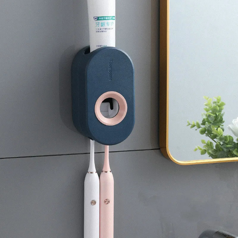 Toothpaste Dispenser Push-Button Wall-Mounted Toothbrush Hooks