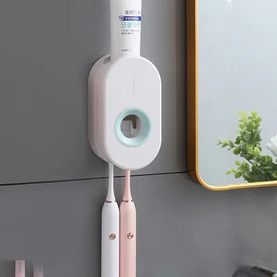 Toothpaste Dispenser Push-Button Wall-Mounted Toothbrush Hooks
