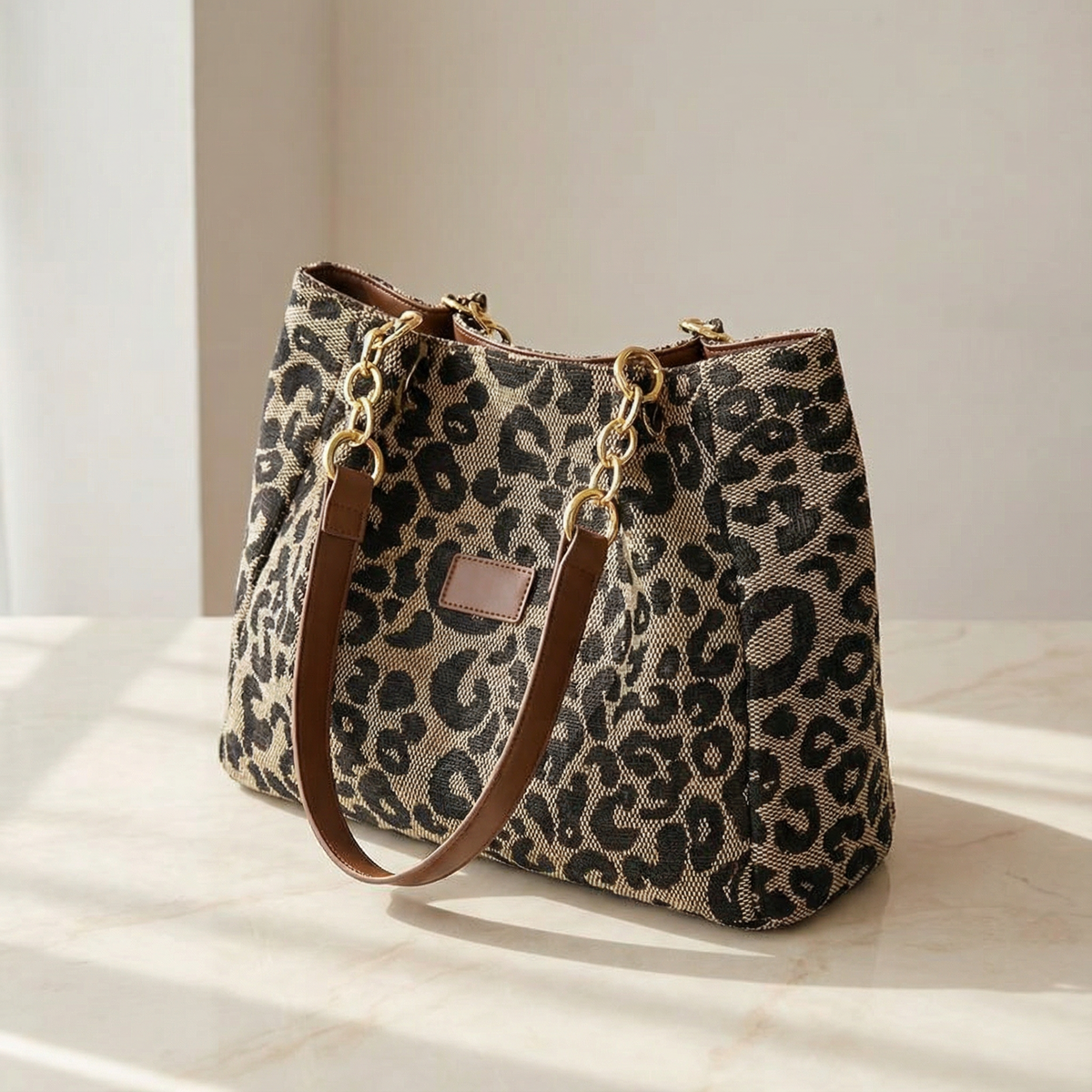 Tote Bag Leopard Canvas Faux Leather Handles