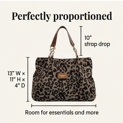 Tote Bag Leopard Canvas Faux Leather Handles