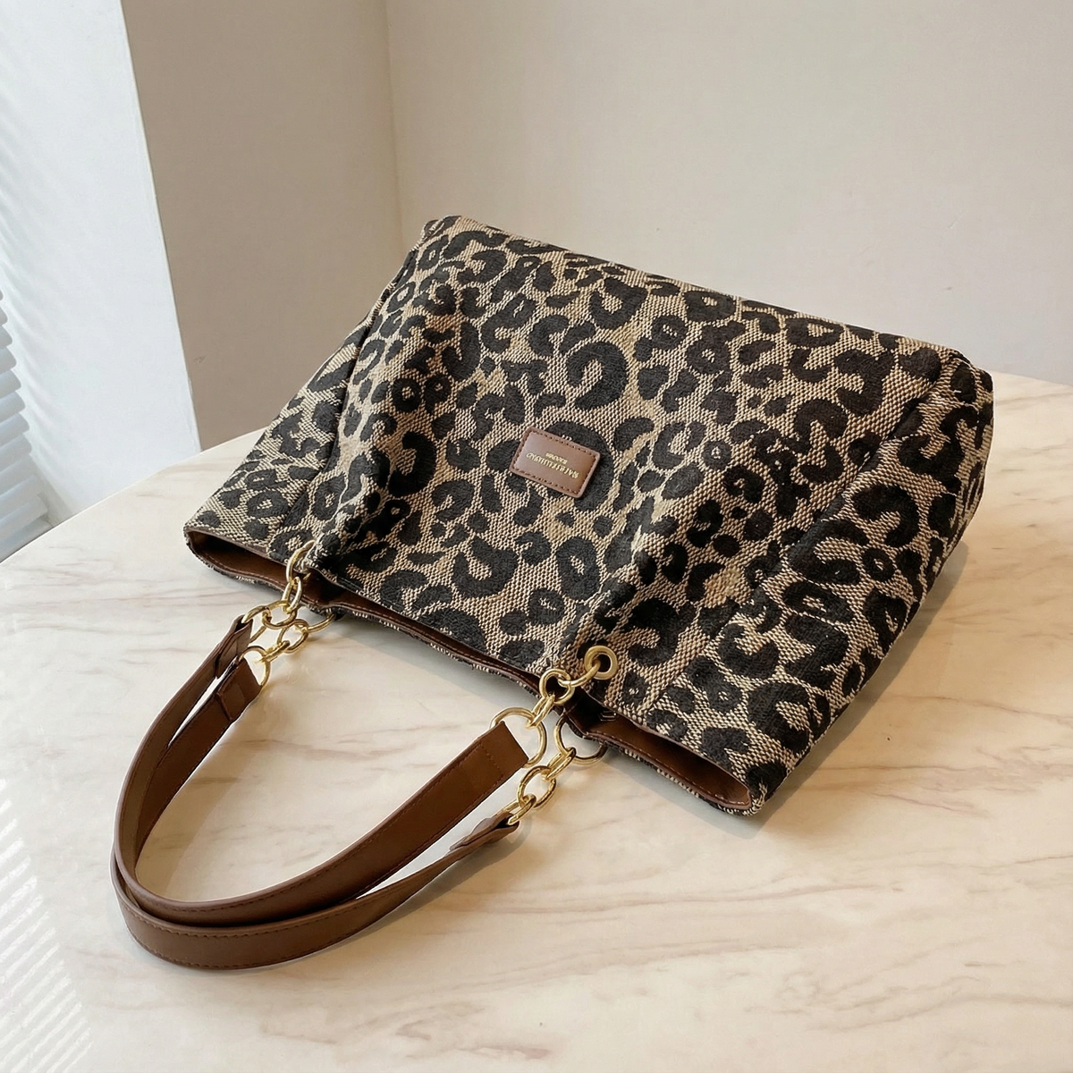 Tote Bag Leopard Canvas Faux Leather Handles