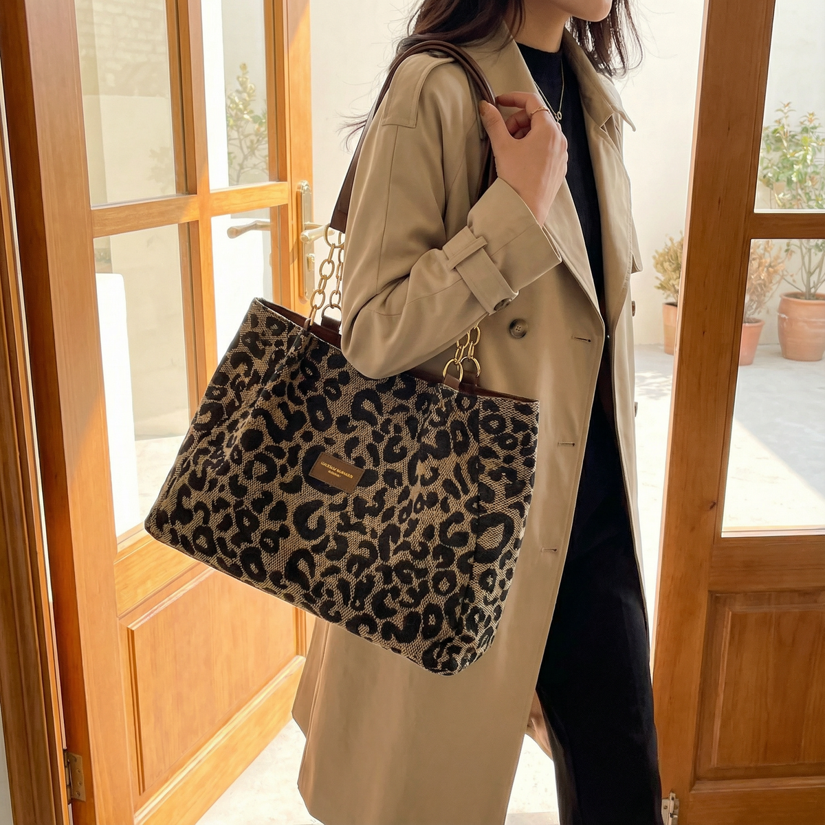 Tote Bag Leopard Canvas Faux Leather Handles
