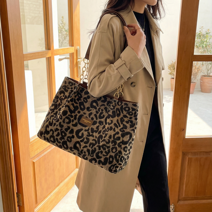 Tote Bag Leopard Canvas Faux Leather Handles