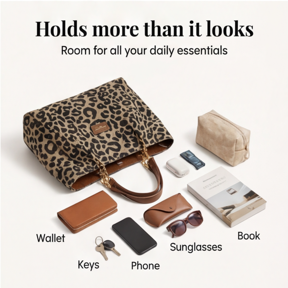 Tote Bag Leopard Canvas Faux Leather Handles
