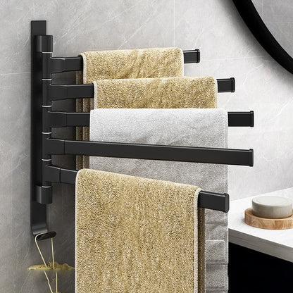 Towel Rack Wall-Mounted Five Swivel Arms Black Powder-Coated Metal
