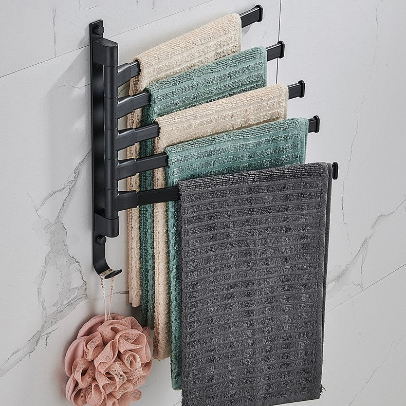 Towel Rack Wall-Mounted Five Swivel Arms Black Powder-Coated Metal