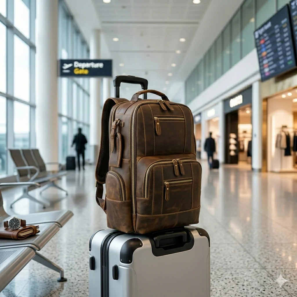 Travel Backpack Full-Grain Leather 15.6-Inch Laptop Compartment