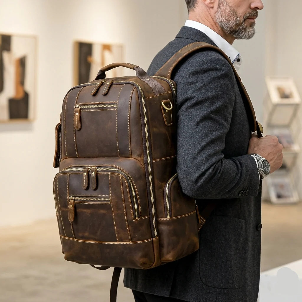 Travel Backpack Full-Grain Leather 15.6-Inch Laptop Compartment