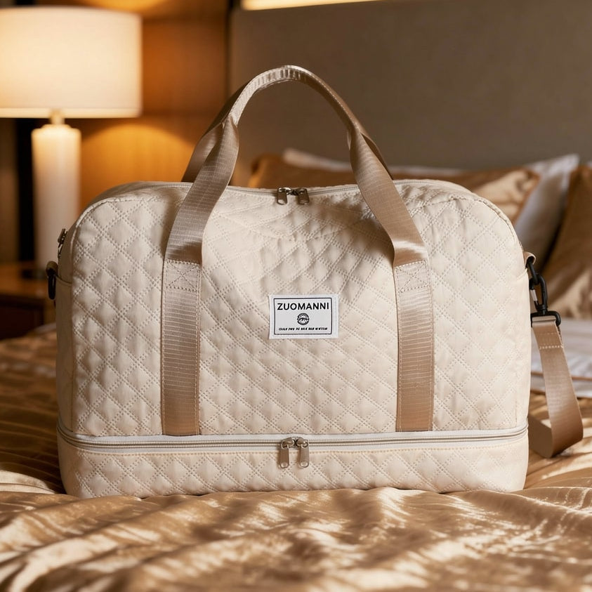 Travel Bag Diamond Quilted Shoe Compartment Water-Repellent Nylon