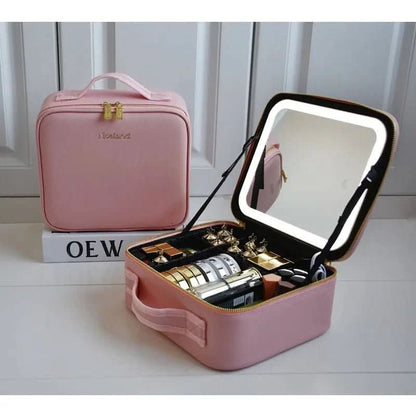 Travel Makeup Bag Dimmable LED Mirror USB Rechargeable