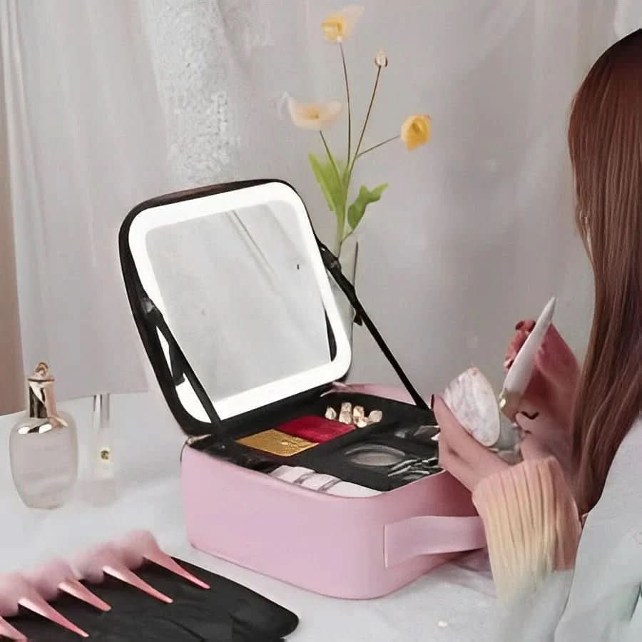 Travel Makeup Bag Dimmable LED Mirror USB Rechargeable