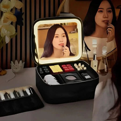 Travel Makeup Bag Dimmable LED Mirror USB Rechargeable