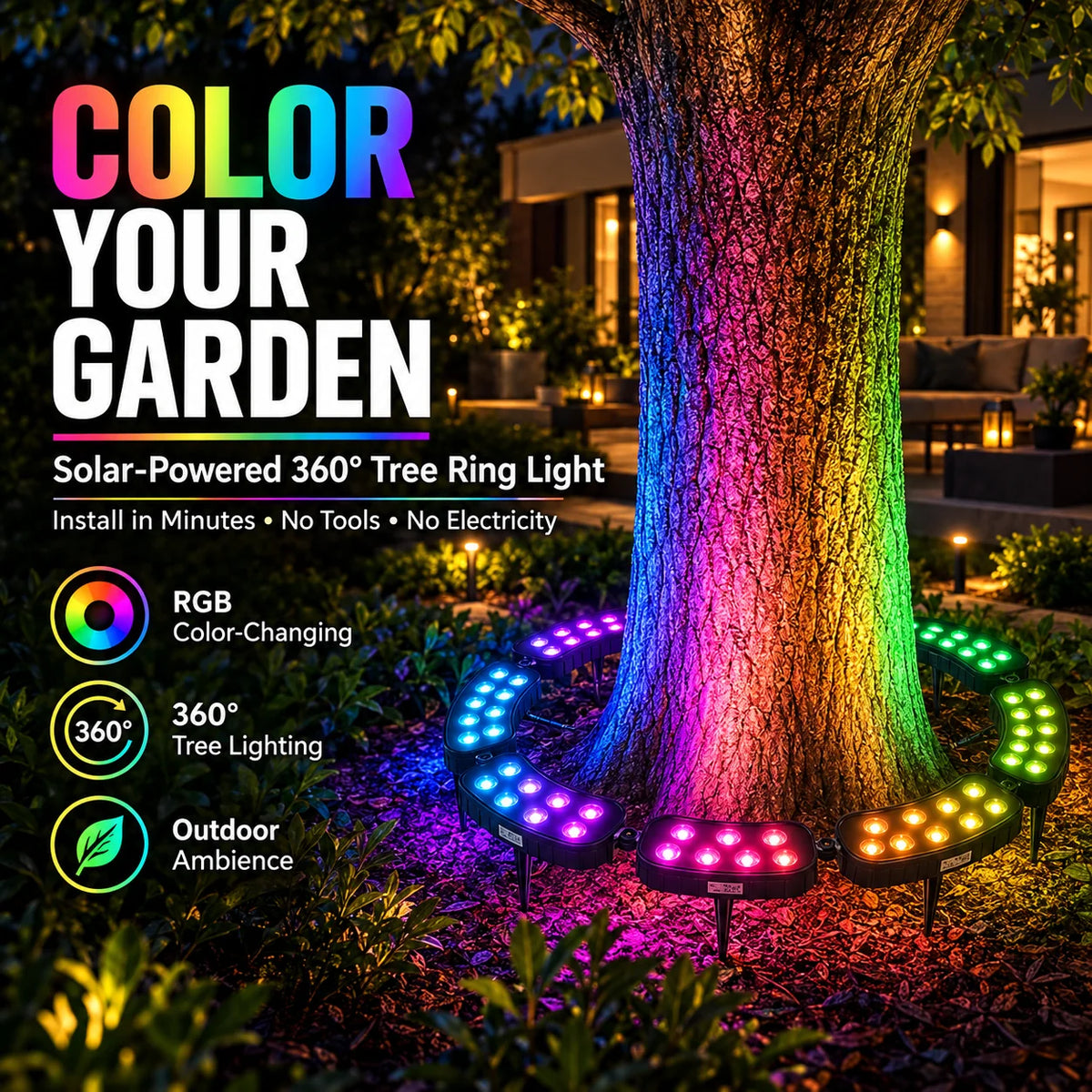 Tree Ring Light Solar-Powered RGB Color-Changing Modular 360-Degree