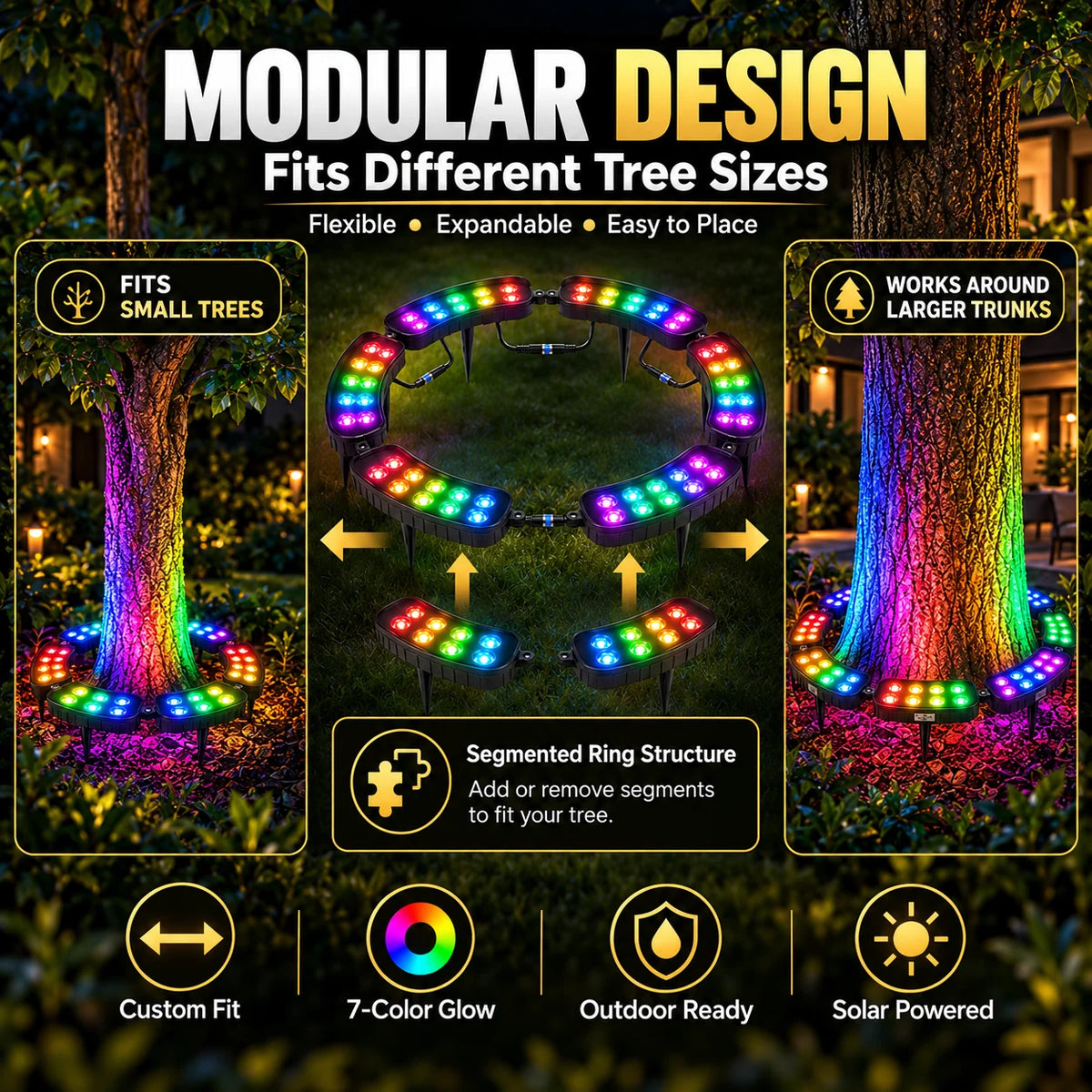 Tree Ring Light Solar-Powered RGB Color-Changing Modular 360-Degree