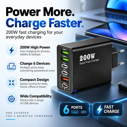 USB Charger 200W Fast Charging 6-Port USB-A & USB-C