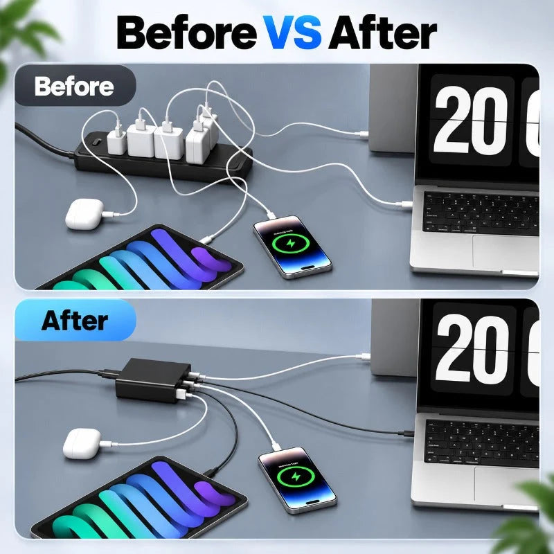 USB Charger 200W Fast Charging 6-Port USB-A & USB-C