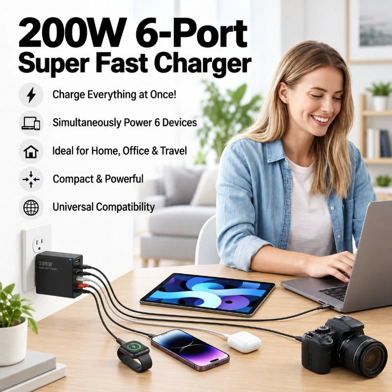 USB Charger 200W Fast Charging 6-Port USB-A & USB-C