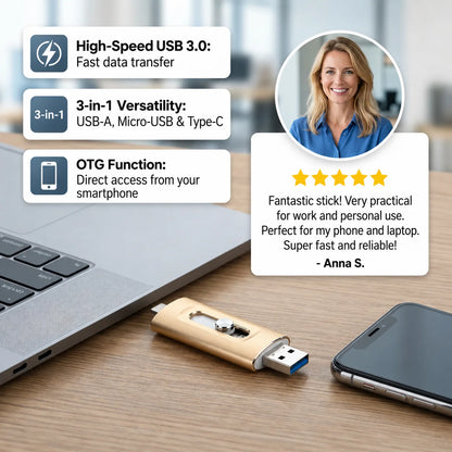 USB Flash Drive USB 3.0 Type-C OTG Adapter Foldable Metal Casing