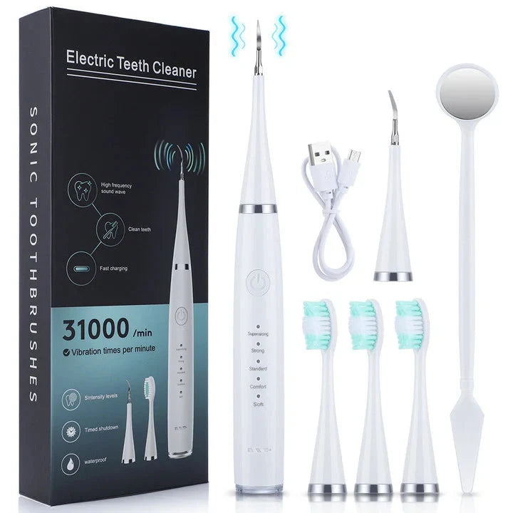 Ultrasonic Tooth Cleaner Adjustable 5-Level Power 3 Interchangeable Heads