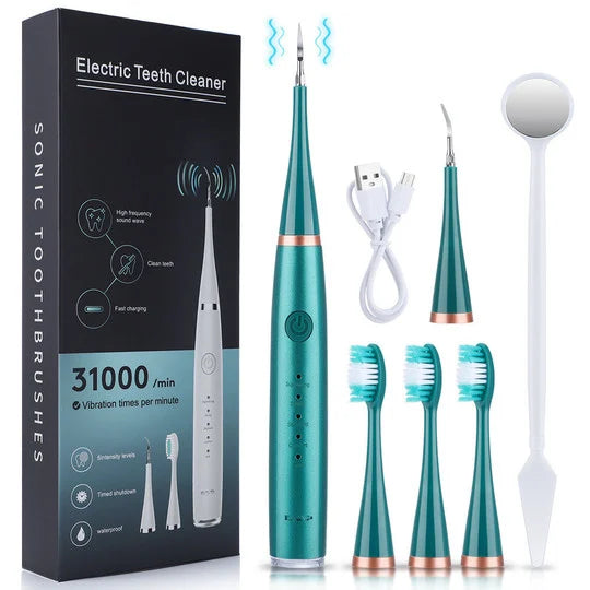 Ultrasonic Tooth Cleaner Adjustable 5-Level Power 3 Interchangeable Heads