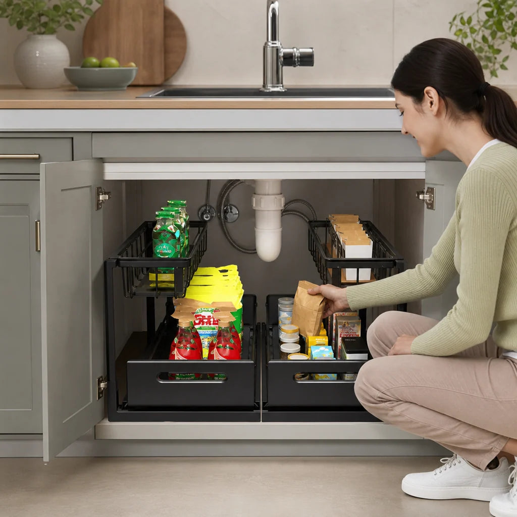 Under-Sink Storage Organizer 2-Tier Pull-Out Design