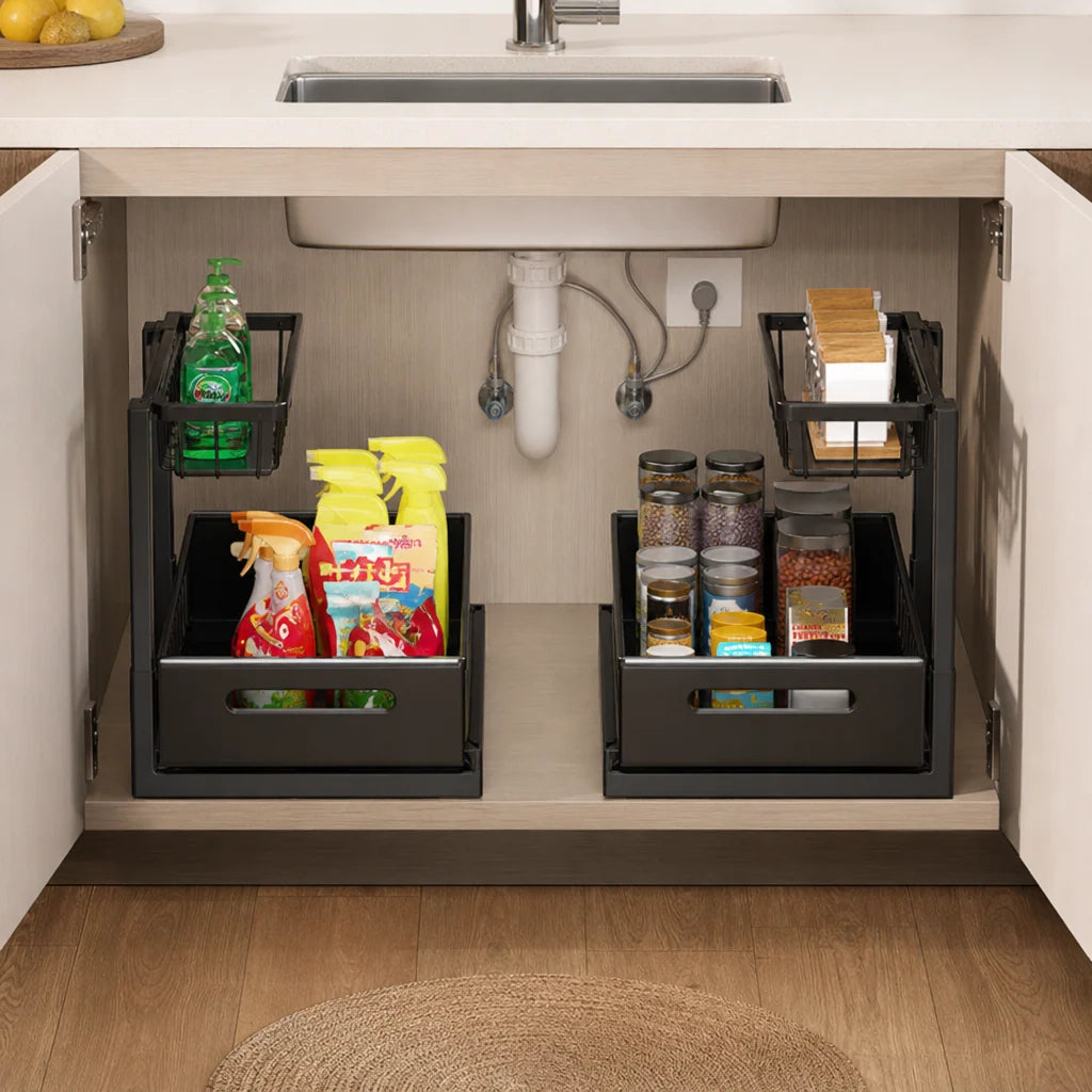 Under-Sink Storage Organizer 2-Tier Pull-Out Design