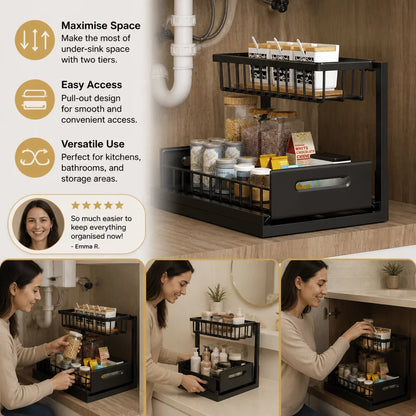 Under-Sink Storage Organizer 2-Tier Pull-Out Design