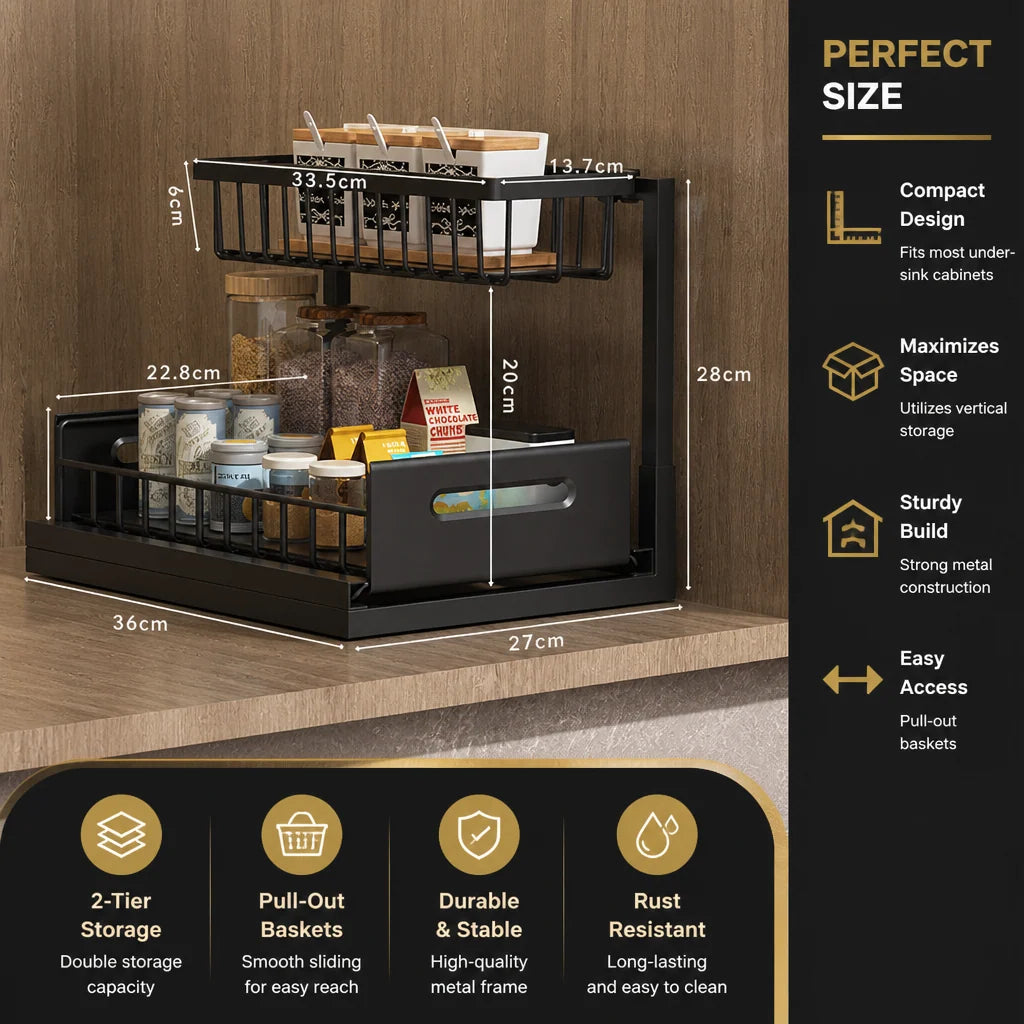Under-Sink Storage Organizer 2-Tier Pull-Out Design