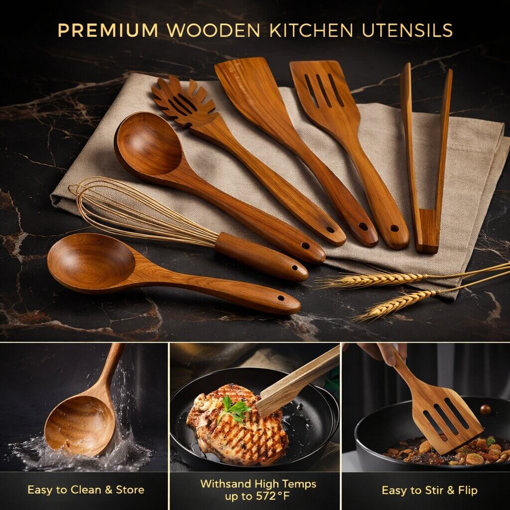 Utensil Set Natural Wood & Nonstick-Safe Set of 7