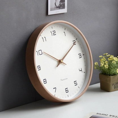 Wall Clock Silent Quartz Wooden Frame Rose Gold Hands