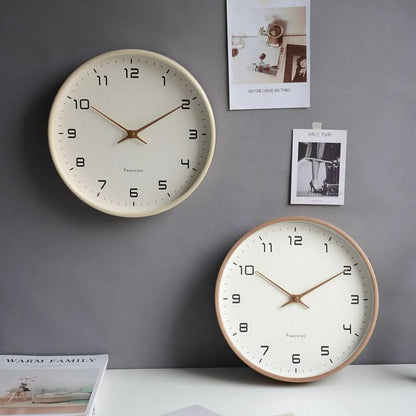 Wall Clock Silent Quartz Wooden Frame Rose Gold Hands