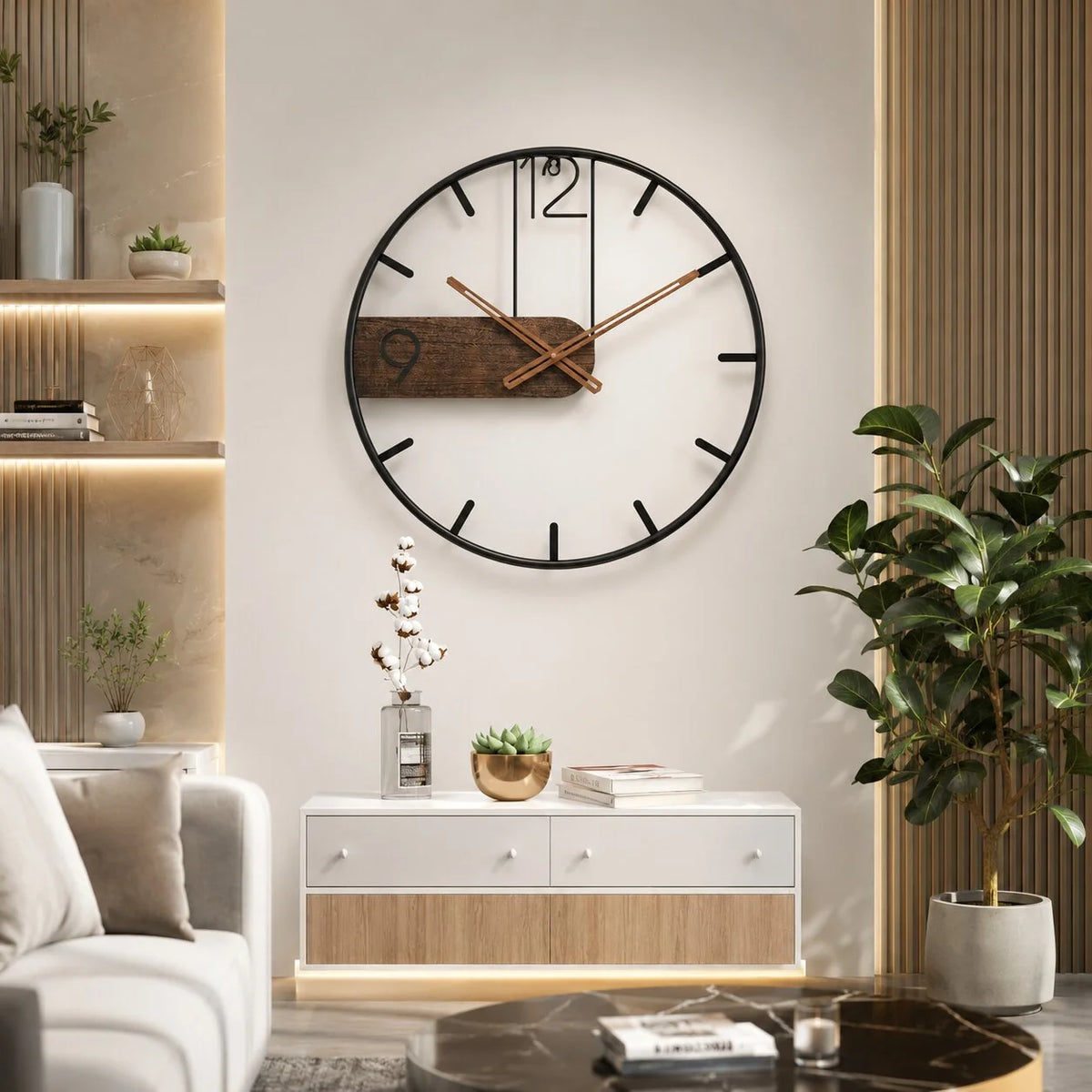 Wall Clock Walnut Wood & Stainless Steel Silent Quartz Movement