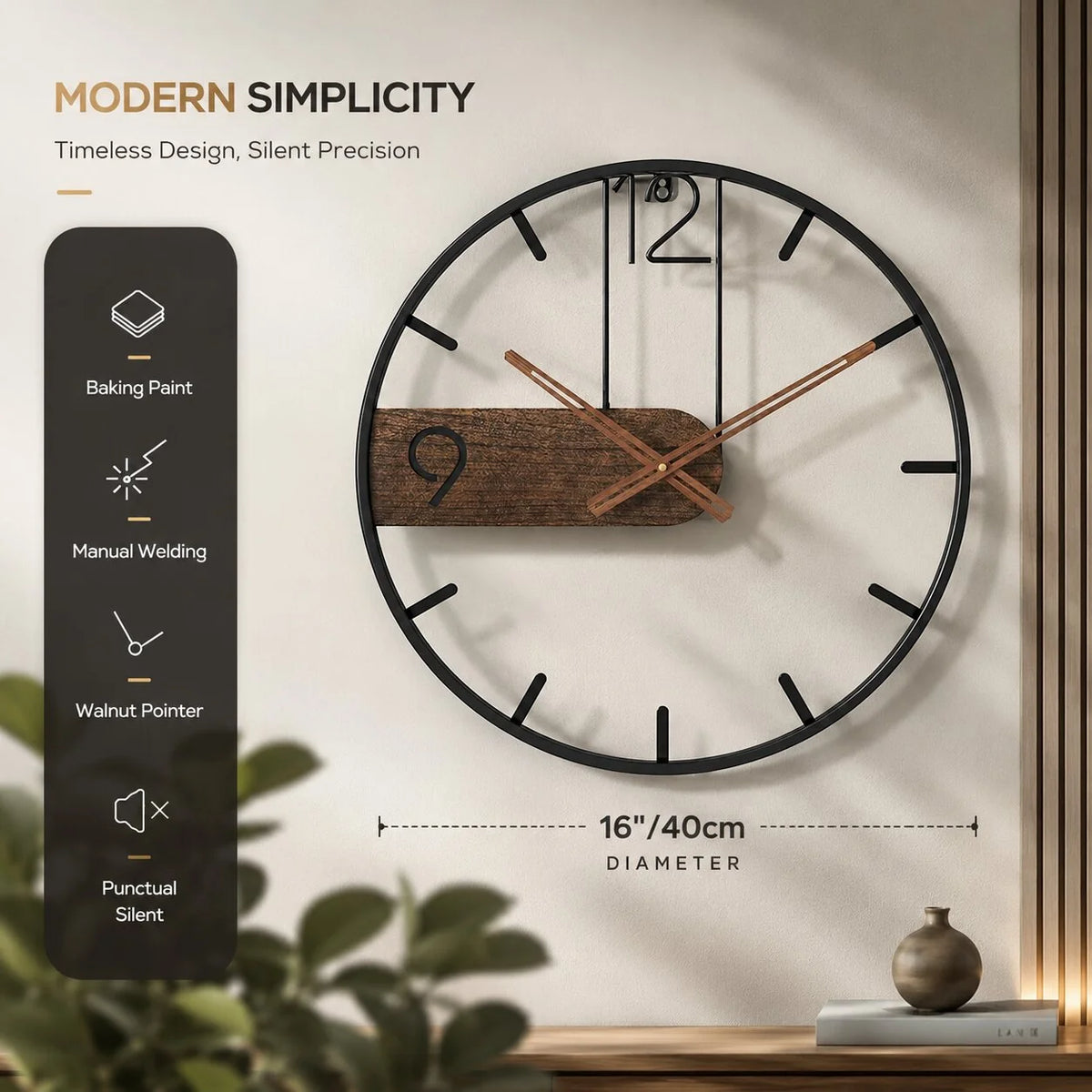 Wall Clock Walnut Wood & Stainless Steel Silent Quartz Movement