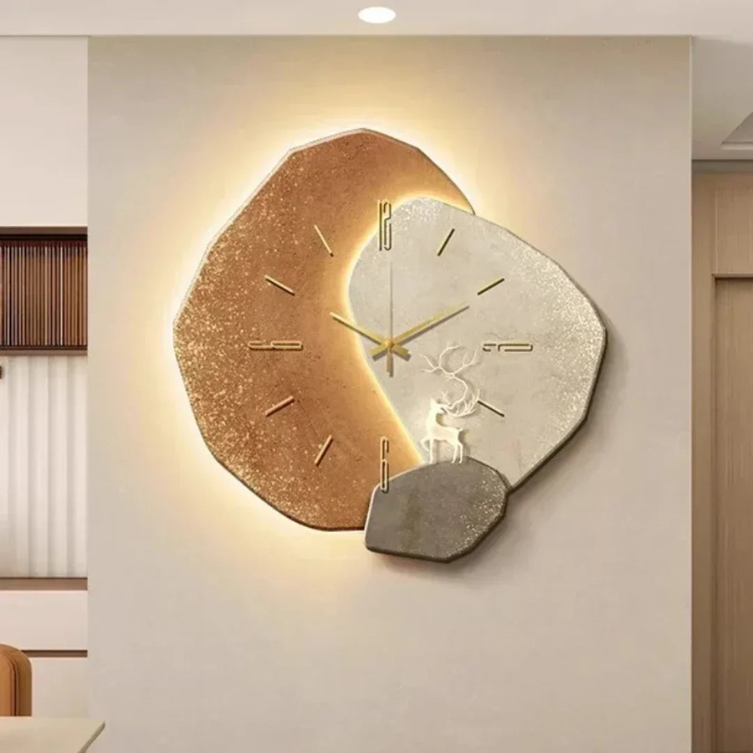 Wall Clock Wooden Geometric Silent Quartz Warm LED Backlit