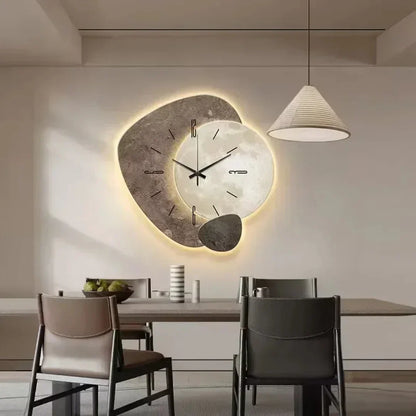 Wall Clock Wooden Geometric Silent Quartz Warm LED Backlit