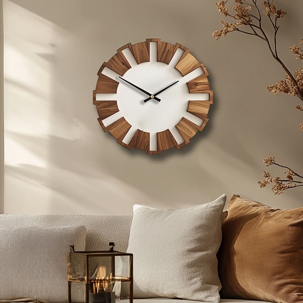 Wall Clock Wooden Silent Non-Ticking Battery-Powered Round Design
