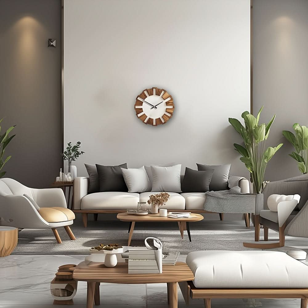 Wall Clock Wooden Silent Non-Ticking Battery-Powered Round Design