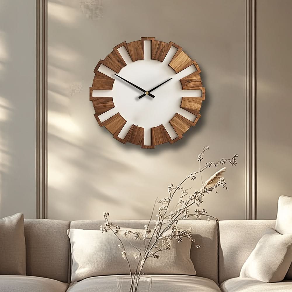 Wall Clock Wooden Silent Non-Ticking Battery-Powered Round Design