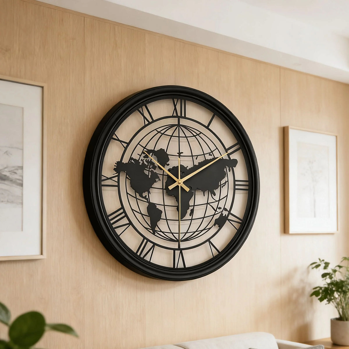 Wall Clock World Map Design Silent Movement Roman Numerals