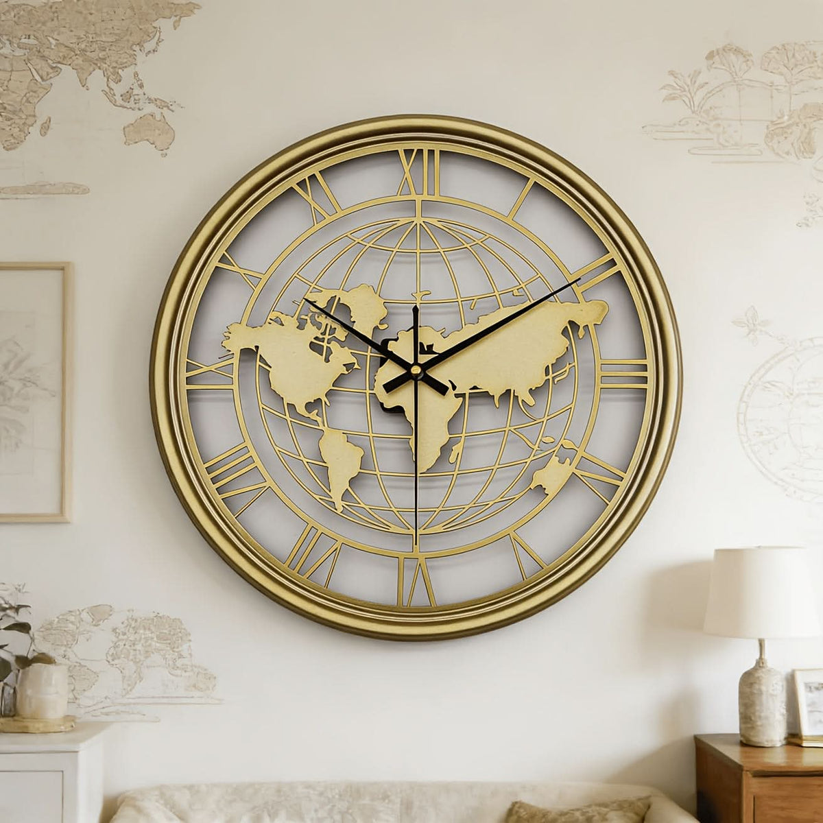 Wall Clock World Map Design Silent Movement Roman Numerals