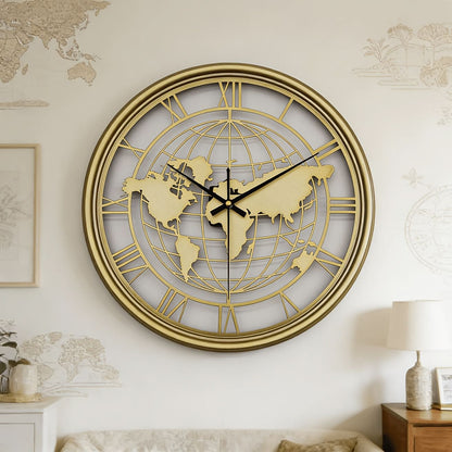 Wall Clock World Map Design Silent Movement Roman Numerals