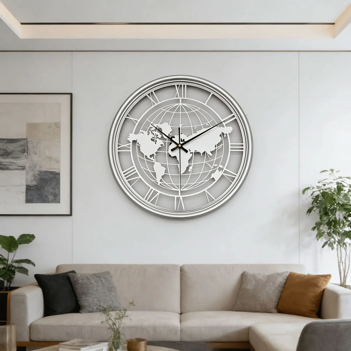 Wall Clock World Map Design Silent Movement Roman Numerals