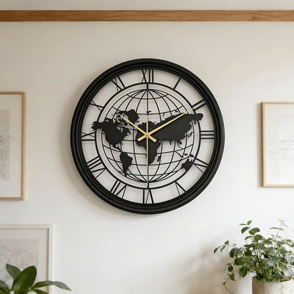 Wall Clock World Map Design Silent Movement Roman Numerals