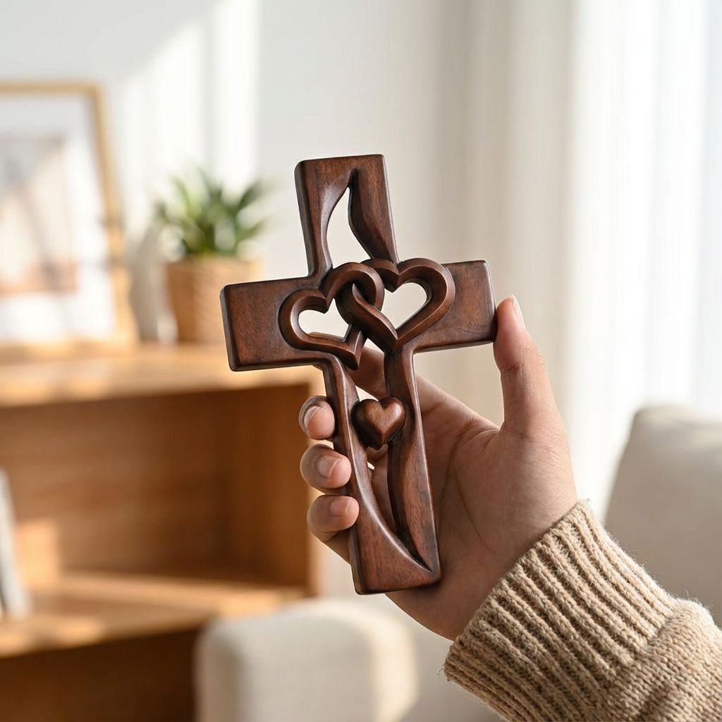 Wall Cross Wooden Carved Hearts Ready To Hang