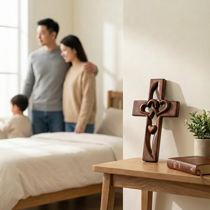 Wall Cross Wooden Carved Hearts Ready To Hang