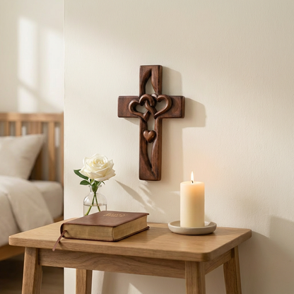 Wall Cross Wooden Carved Hearts Ready To Hang
